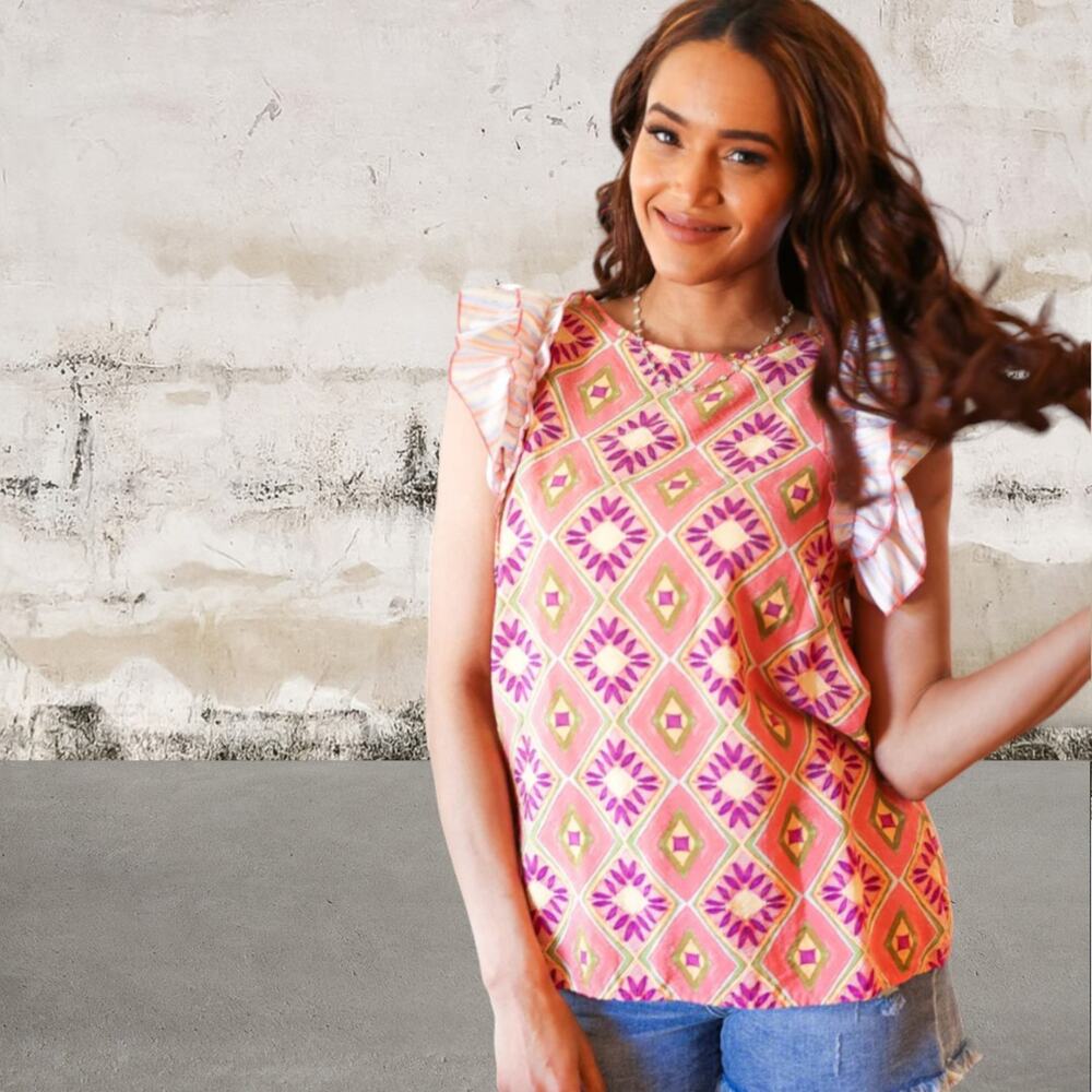 Haptics NEW Seize The Day Peach Boho Print Frill Sleeve Keyhole Back Top-Small